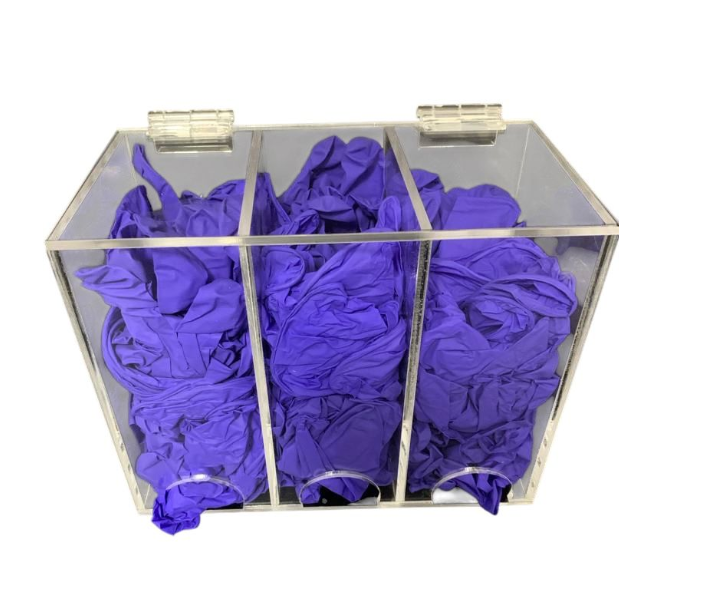 DISPENSADOR DE ACRILICO PARA GUANTES QUIRURGICOS CON TAPA Y DOS BISAGRAS