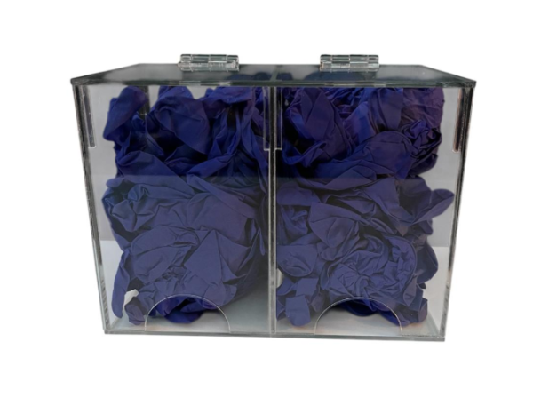 DISPENSADOR DE ACRILICO PARA GUANTES QUIRURGICOS A GRANEL - DOS BOLSILLOS - CON TAPA Y BISAGRAS