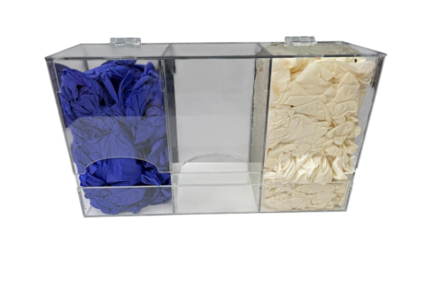 DISPENSADOR DE ACRÍLICO PARA GUANTES QUIRÚRGICOS A GRANEL. (Grande) Con tapa y dos bisagras acrílicas.