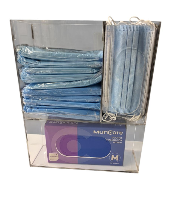 DISPENSADOR DE ACRILICO PARA CAJA DE GUANTES QUIRURGICOS, PERCHEROS Y MASCARILLAS. A.1.