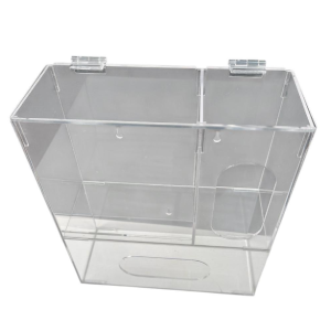 h2 DISPENSADOR DE ACRÍLICO PARA CAJA DE GUANTES QUIRÚRGICOS, PERCHEROS Y MASCARILLAS. A.1.B. Con tapa y dos bisagras acrílicas.