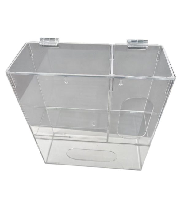 DISPENSADOR DE ACRÍLICO PARA CAJA DE GUANTES QUIRÚRGICOS, PERCHEROS Y MASCARILLAS. A.1.B. Con tapa y dos bisagras acrílicas.