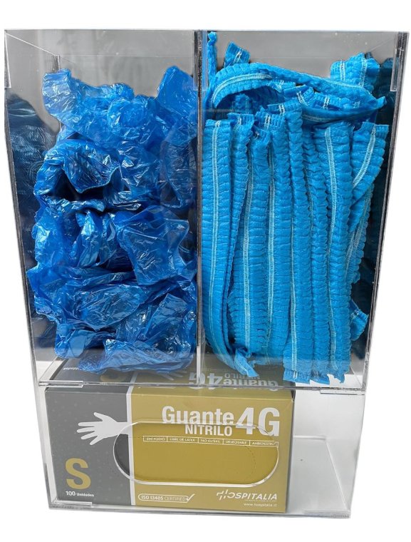 DISPENSADOR DE ACRÍLICO PARA CAJA DE GUANTES QUIRÚRGICOS, CUBRE CALZADO Y GORROS (COFIAS). E.3.