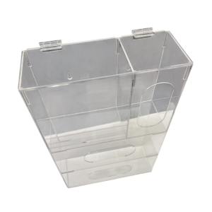 k3 DISPENSADOR DE ACRÍLICO PARA CAJA DE GUANTES QUIRÚRGICOS, PECHERAS Y MASCARILLAS A.2.B. Con tapa y dos bisagras acrílicas.