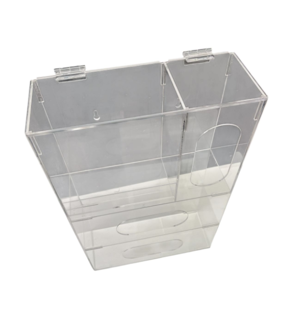 DISPENSADOR DE ACRÍLICO PARA CAJA DE GUANTES QUIRÚRGICOS, PECHERAS Y MASCARILLAS A.2.B. Con tapa y dos bisagras acrílicas.