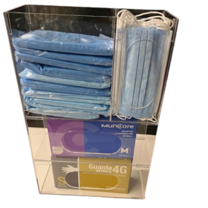 DISPENSADOR DE ACRÍLICO PARA CAJA DE GUANTES QUIRÚRGICOS, PECHERAS Y MASCARILLAS A.2.B.