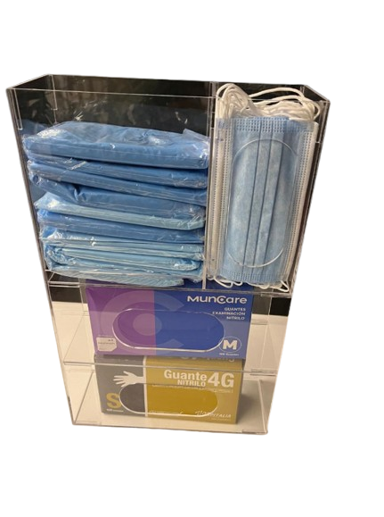 DISPENSADOR DE ACRÍLICO PARA CAJA DE GUANTES QUIRÚRGICOS, PECHERAS Y MASCARILLAS A.2.B.